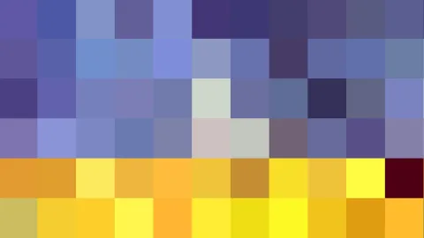 Ein Raster aus quadratischen Pixelblöcken: oben und in der Mitte in Blau- und Violetttönen, unten in Gelb und Orange, dazwischen ein dunkelroter Block.
