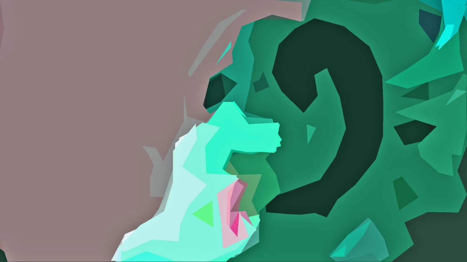 Abstrakte Komposition aus scharfkantigen Dreiecksflächen in Mint, Dunkelgrün und Rosa, links eine flache mauvefarbene Fläche, rechts eine geschwungene dunkelgrüne Form.