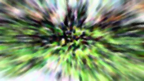 Abstrakte radiale Unschärfe mit Streifen in Grün, Violett und Weiß, die auf einen dunklen Mittelpunkt zulaufen, grob pixelig