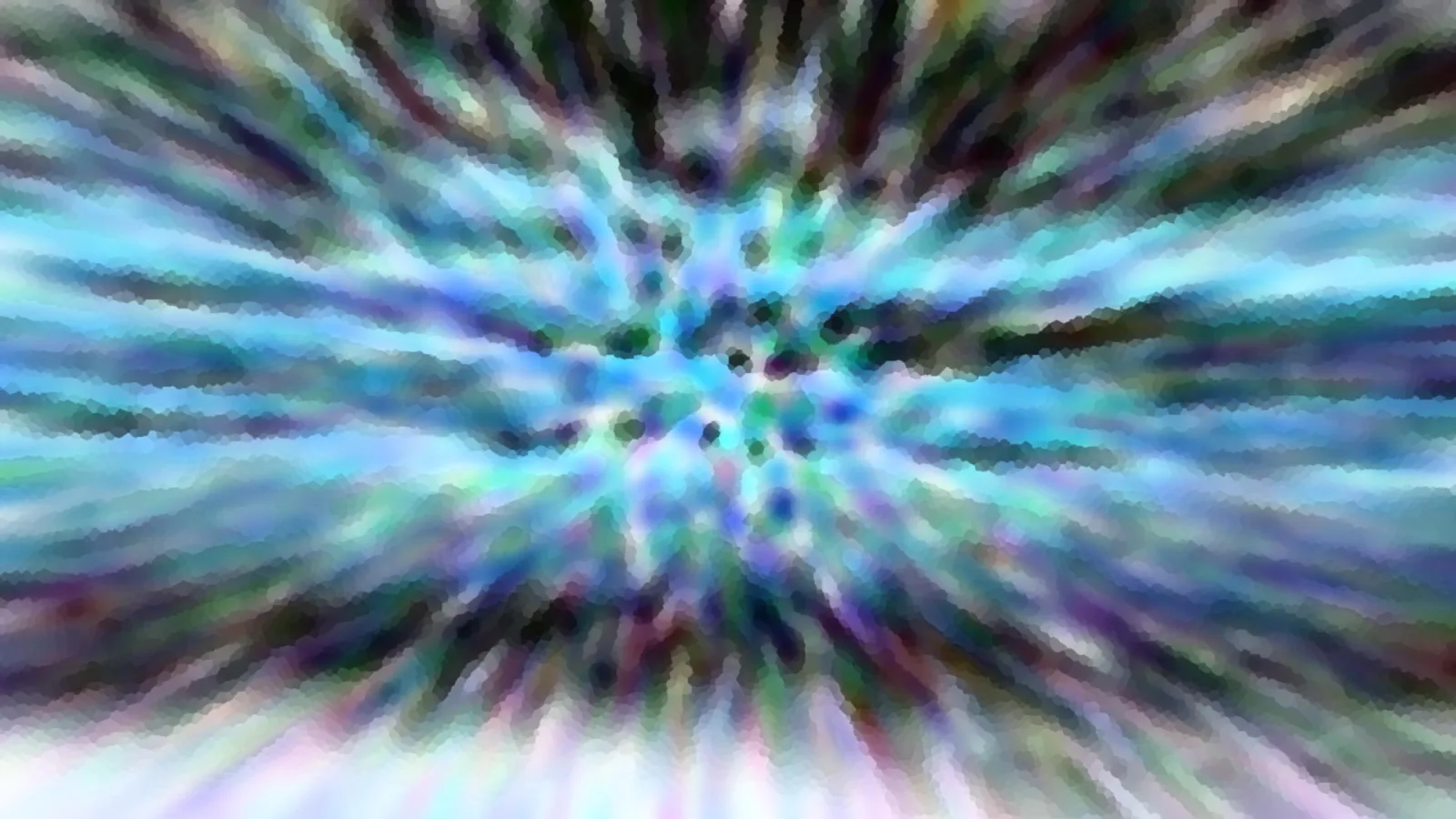 Abstrakte Komposition mit radialen Streifen, die von einem hellen Zentrum in Blau, Türkis, Grün und Violett nach außen laufen, leicht verschwommen mit mosaikartiger Textur.