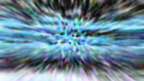 Abstrakte Komposition mit radialen Streifen, die von einem hellen Zentrum in Blau, Türkis, Grün und Violett nach außen laufen, leicht verschwommen mit mosaikartiger Textur.