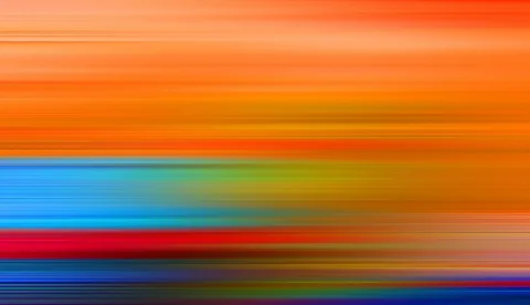 Abstrakte horizontale Streifen aus Orange, Blau, Rot und Gelb, die wie verwischte Bewegung von oben nach unten ineinanderlaufen.