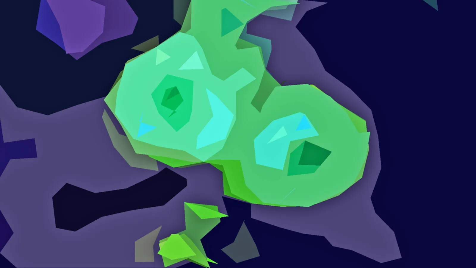 Abstrakte Komposition aus kantigen grünen und türkisfarbenen Flächen in der Mitte, umgeben von violetten und dunkelblauen Polygonen auf dunklem Grund.