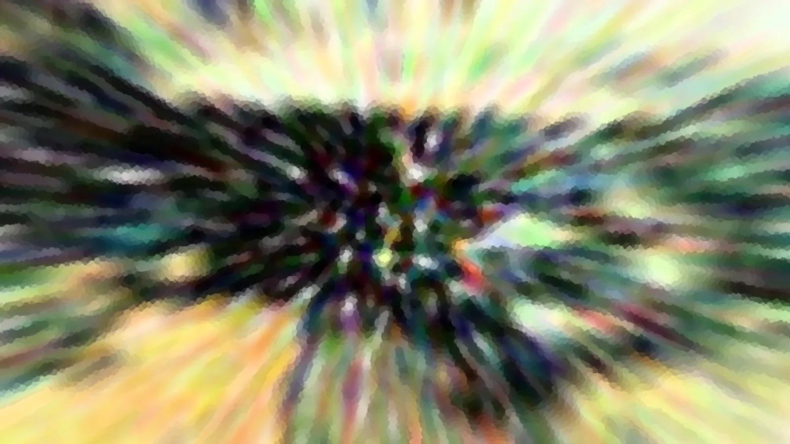 Abstrakte Komposition mit radialen Farbstreifen in Grün, Gelb und Schwarz, die von einem dunklen Zentrum nach außen strahlen. Die Fläche wirkt pixelig und bewegungsunscharf.