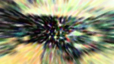 Abstrakte Komposition mit radialen Farbstreifen in Grün, Gelb und Schwarz, die von einem dunklen Zentrum nach außen strahlen. Die Fläche wirkt pixelig und bewegungsunscharf.
