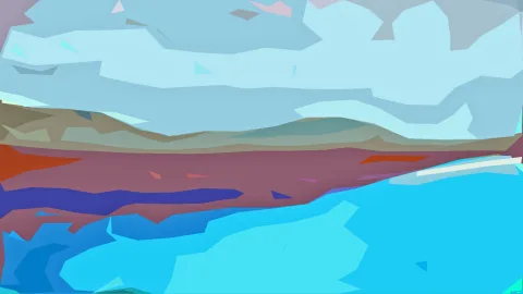 Abstrakte Landschaft aus kantigen Flächen: hellblauer Himmel, braune Hügel, rotvioletter Streifen und türkisblaues Wasser im Vordergrund.