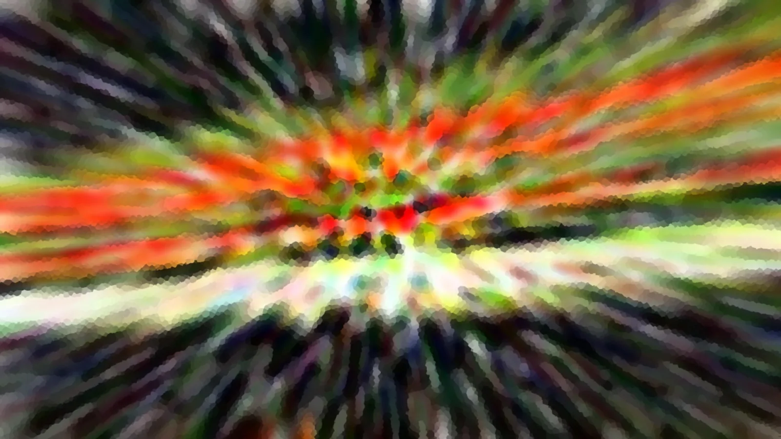 Abstrakte Komposition aus radial von der Mitte nach außen laufenden Streifen in Rot, Orange, Grün und Gelb, dunkle Ränder, helle Zone im unteren Bereich.
