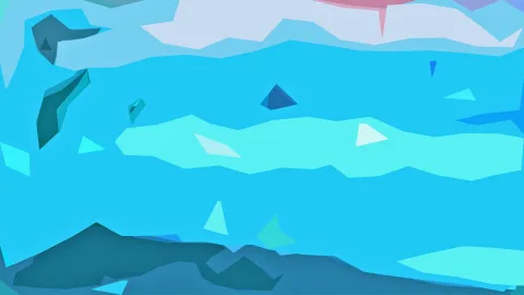 Abstrakte Komposition aus blauen, türkisfarbenen und dunkelteal Flächen mit spitzen Formen, oben ein rosa Streifen.