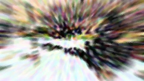 Abstrakte Komposition aus radial verlaufenden, bunten Streifen und dunklen Flecken auf hellem Grund, mit einem Zentrum leicht rechts der Mitte.