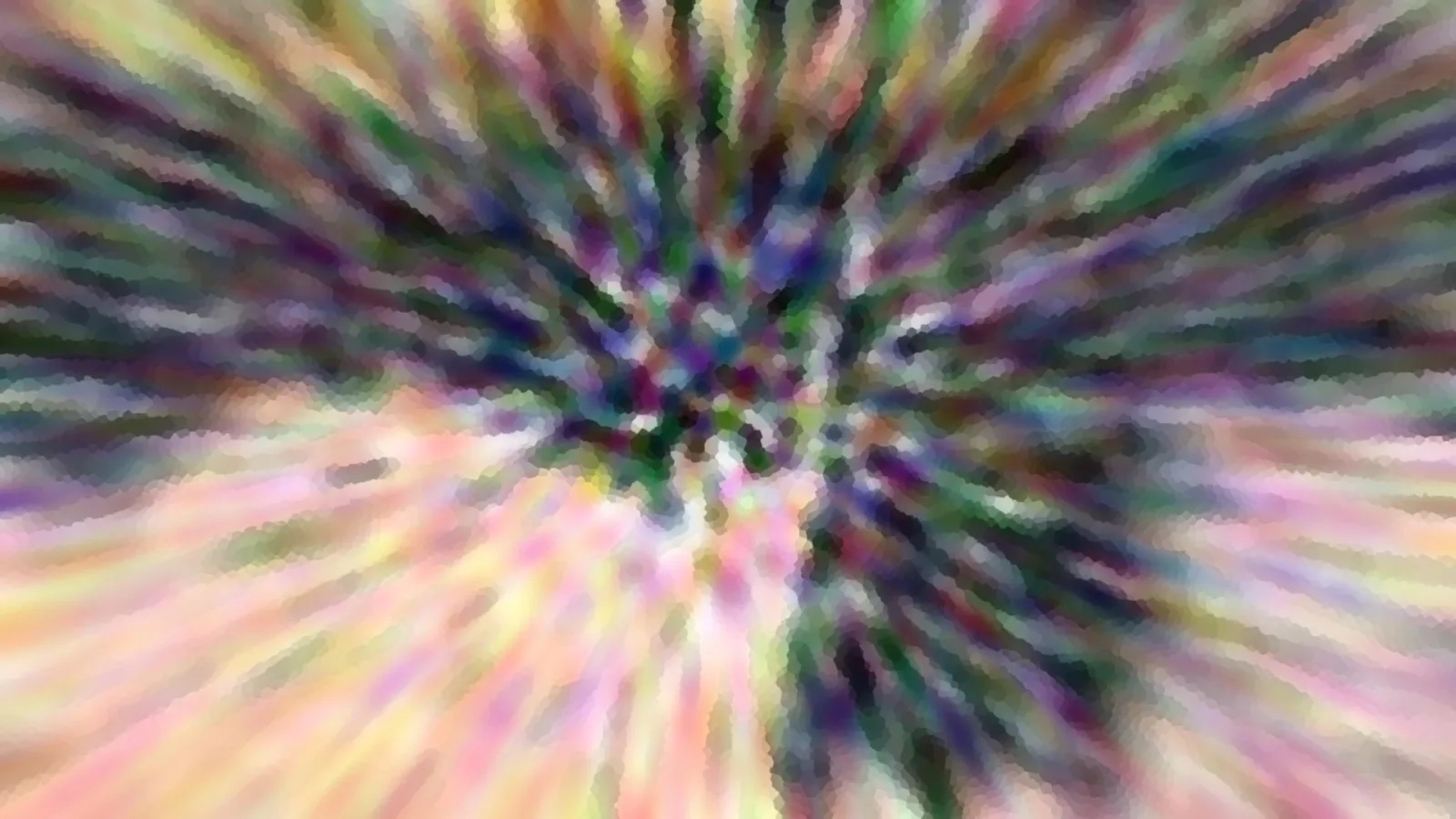 Abstrakte Komposition aus radial von der Mitte auseinanderlaufenden Streifen in Rosa, Gelb, Grün und Violett, mosaikartig verpixelt.