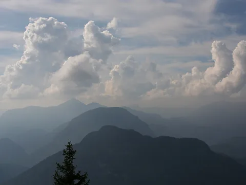 Hintereinander gestaffelte, dunstige Bergketten unter weißen Kumuluswolken, im Vordergrund ein einzelner Nadelbaum.