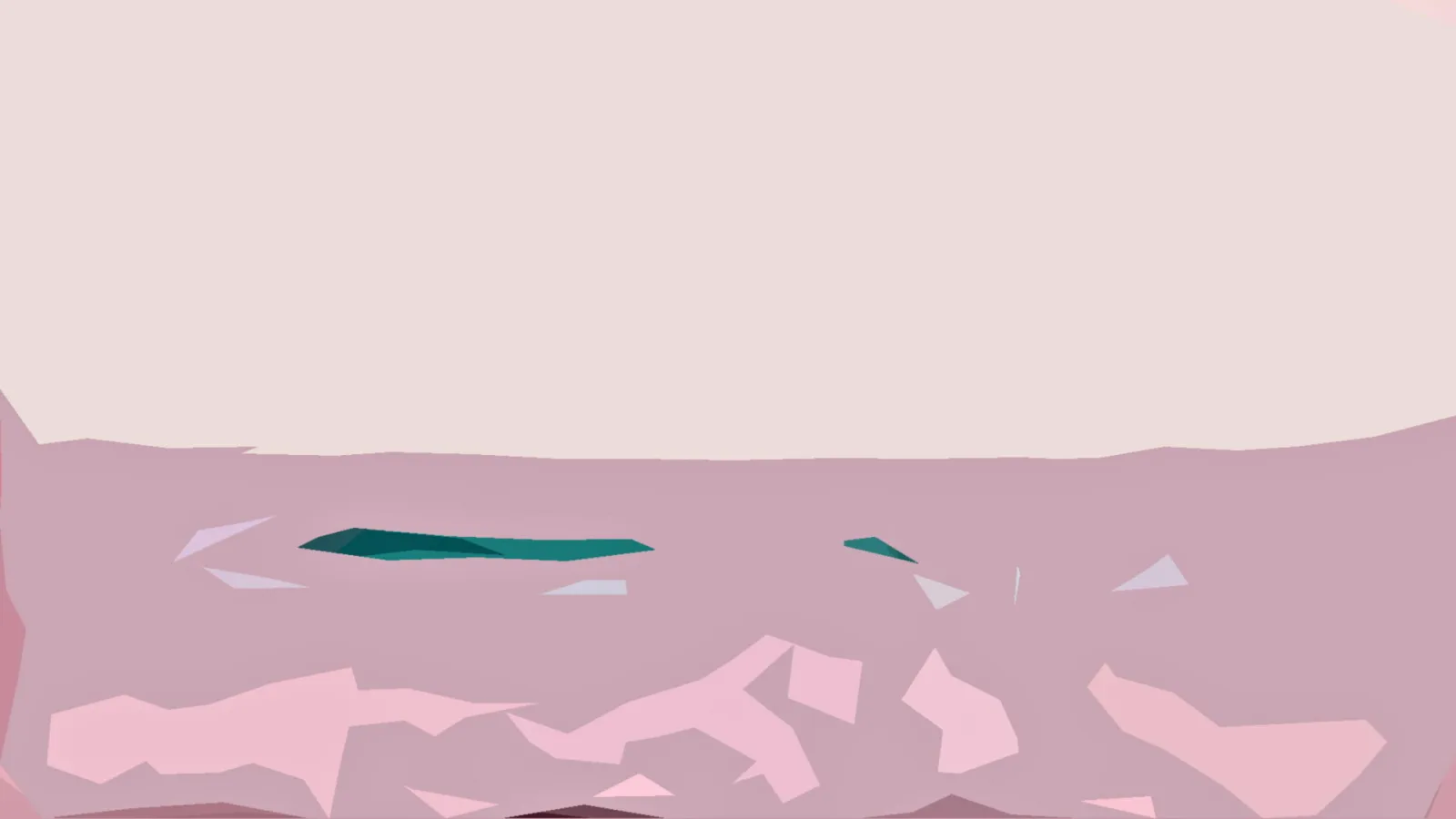 Abstrakte Komposition in Rosa- und Mauvetönen mit türkisfarbenen Flächen und hellen Fragmenten am unteren Rand.