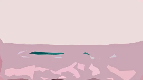 Abstrakte Komposition in Rosa- und Mauvetönen mit türkisfarbenen Flächen und hellen Fragmenten am unteren Rand.