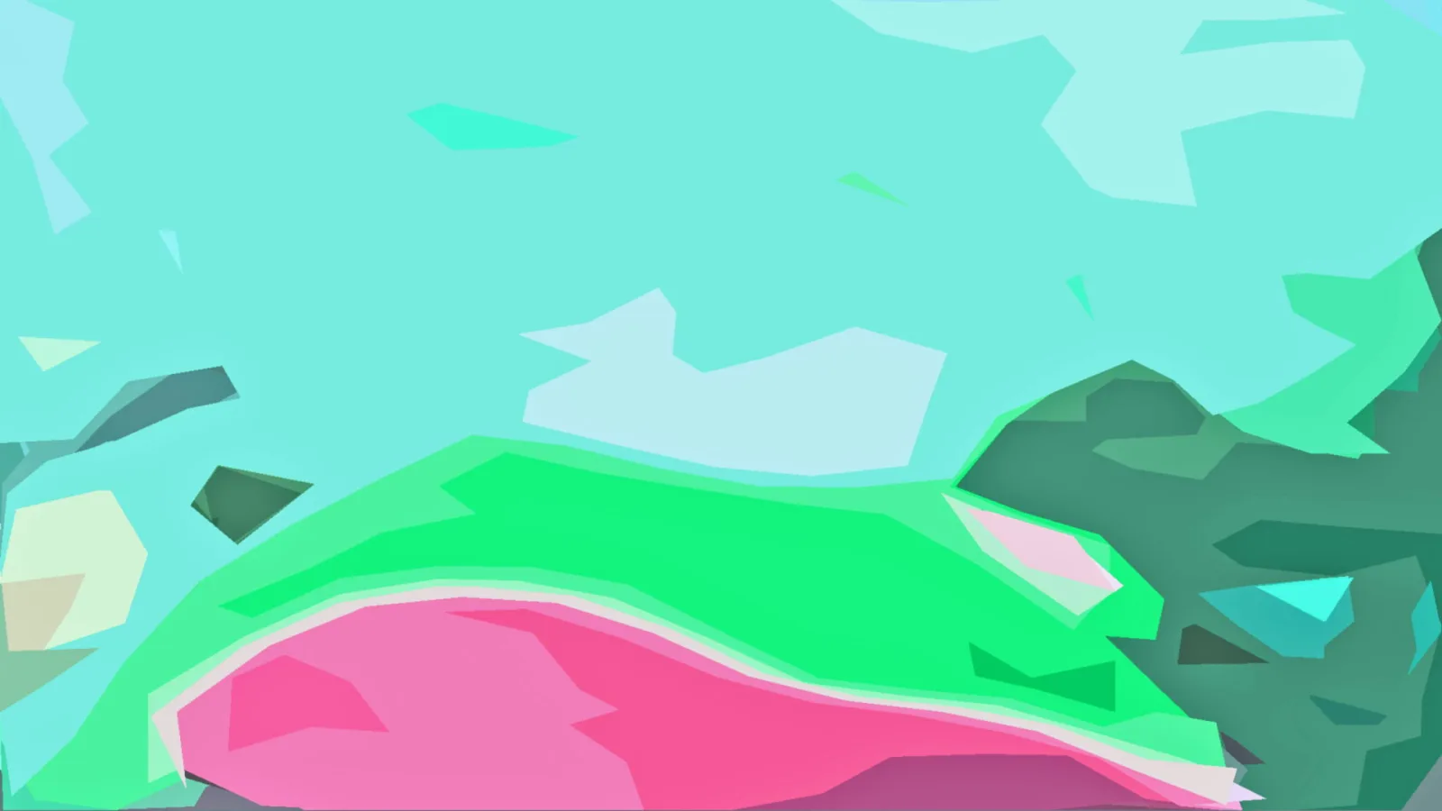 Abstrakte Landschaft aus flächigen Polygonen: türkiser Himmel, leuchtend pinke und grüne Hügelformen, dunkelgrüne Felsen am rechten Rand.