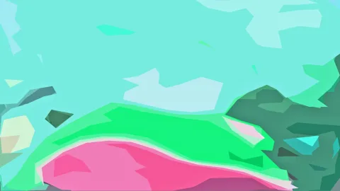 Abstrakte Landschaft aus flächigen Polygonen: türkiser Himmel, leuchtend pinke und grüne Hügelformen, dunkelgrüne Felsen am rechten Rand.