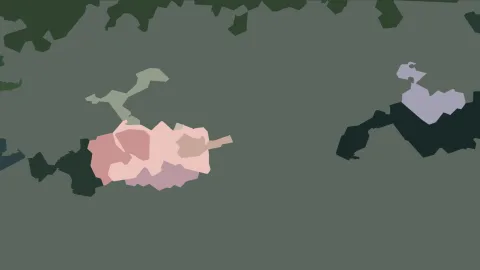 Abstrakte Komposition aus flächigen Formen in Rosa, Lila und Mintgrün auf graugrünem Grund, an den Rändern dunkelgrün.