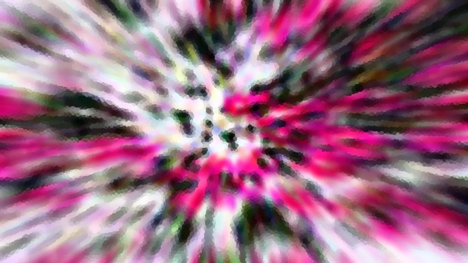 Abstrakte radiale Unschärfe mit pinken, weißen und dunkelgrünen Streifen, die vom Zentrum nach außen laufen, mosaikartig gerastert.