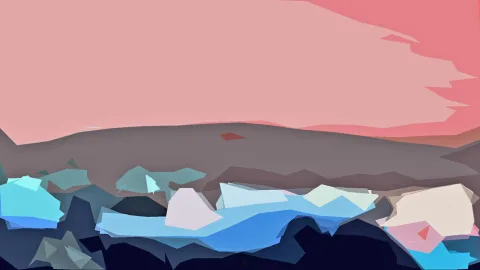 Abstrakte, kantige Landschaft mit rosa Himmel, grauem Hügelzug und blauen Kristallformen über einem dunklen Vordergrund.