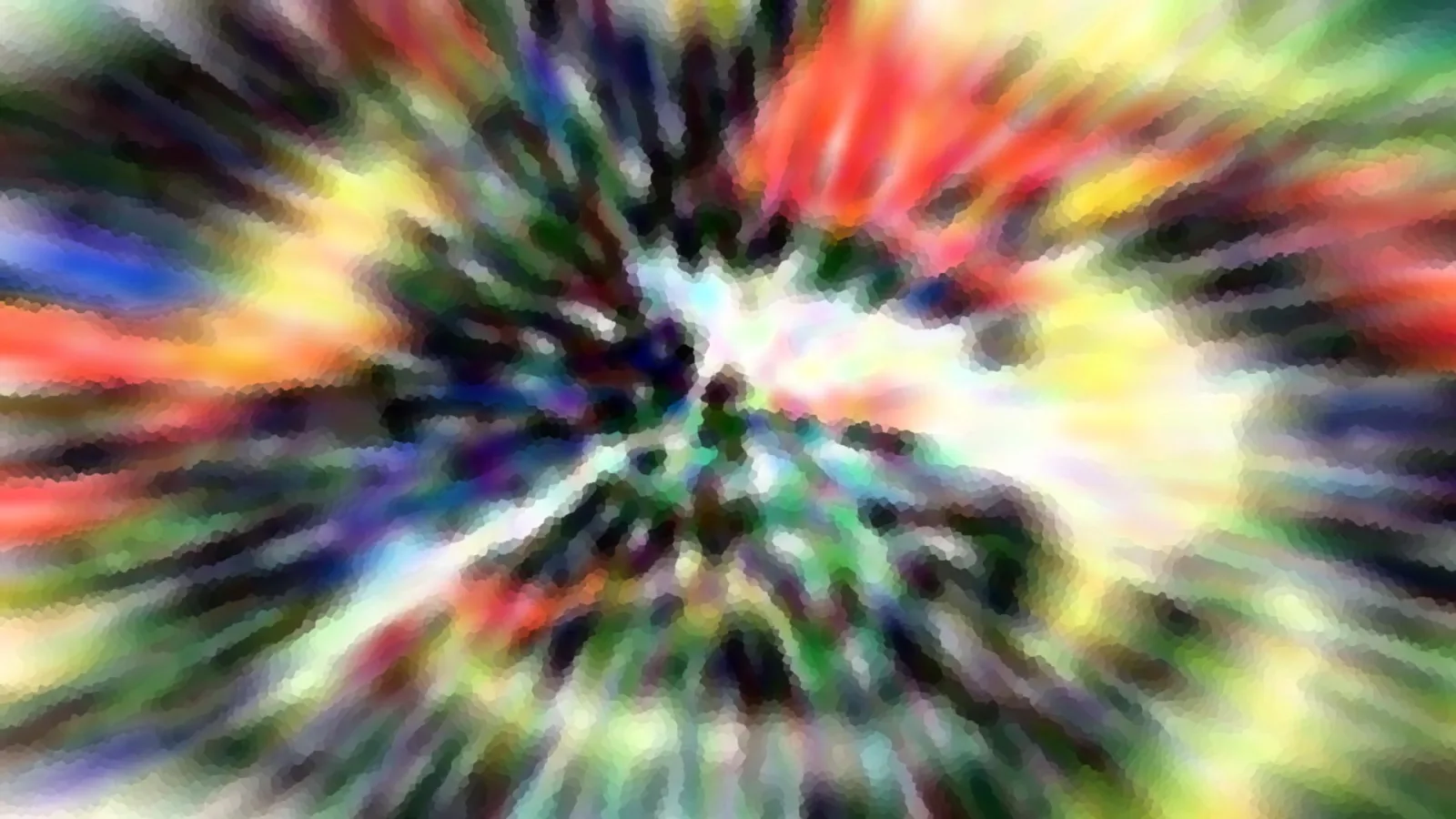 Abstraktes Bild mit bunten Farbstrahlen, die von der Mitte nach außen laufen, in Rot, Gelb, Blau und Grün.