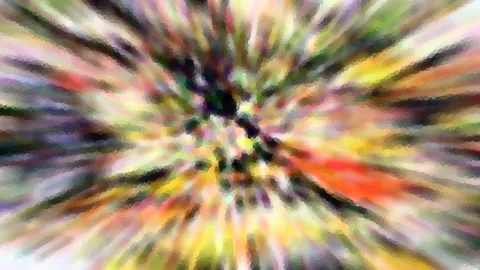 Abstrakte Komposition aus bunten Streifen in Gelb, Grün, Rot und Schwarz, die radial von einem dunklen Zentrum nach außen laufen.