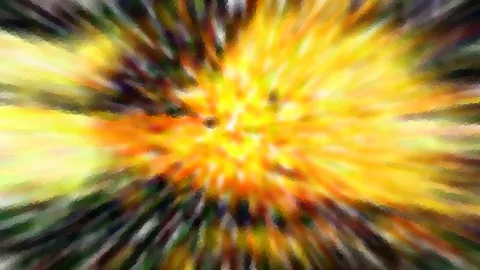 Abstraktes Bild mit einem gelb-orangefarbenen Zentrum, von dem dunkelgrüne und violette Streifen radial nach außen laufen.