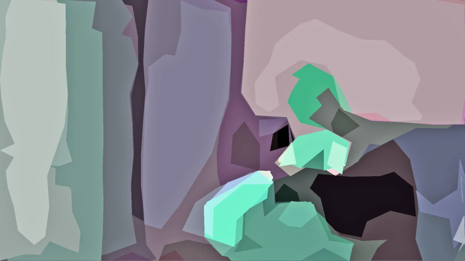 Abstrakte Komposition aus kantigen pastellfarbenen Flächen in Mint, Lavendel und Mauve, dazwischen dunkle schwarze Partien.