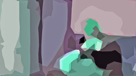 Abstrakte Komposition aus kantigen pastellfarbenen Flächen in Mint, Lavendel und Mauve, dazwischen dunkle schwarze Partien.