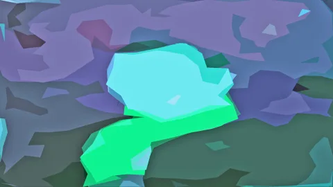 Abstrakte Komposition aus lila, blauen und grünen Polygonflächen mit einem hellen türkisen Feld in der Mitte.