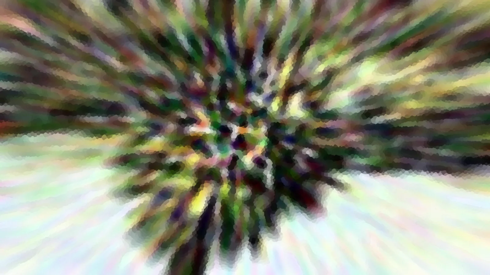 Radialer Zoomeffekt auf grünem Blattwerk, dessen Strukturen sich von der Mitte nach außen in helle, pastellfarbene Lichtstreifen auflösen.