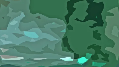 Abstrakte Komposition aus unregelmäßigen grünen, türkisfarbenen und hellgrauen Polygonflächen, dunkle Flächen rechts, helle Akzente unten.