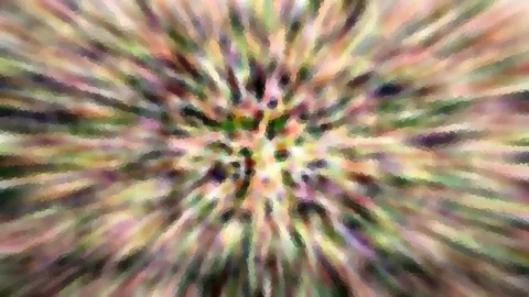 Abstraktes Bild mit radial von der Mitte nach außen laufenden Streifen in Grün, Rosa und Gelb, grob gepixelt wie ein Mosaik.