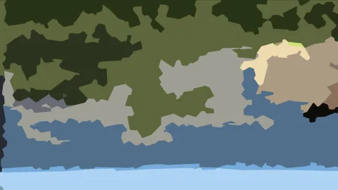 Abstrakte Komposition aus olivgrünen, grauen, blauen und beigen Flächen mit kantigen Rändern, unten ein helles Blau.