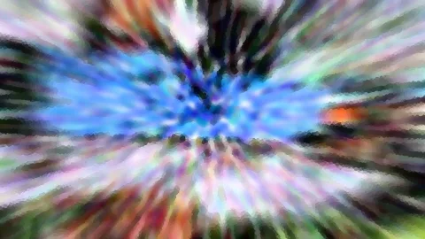 Abstrakte Komposition aus radial verlaufenden bunten Streifen mit blauem Zentrum.