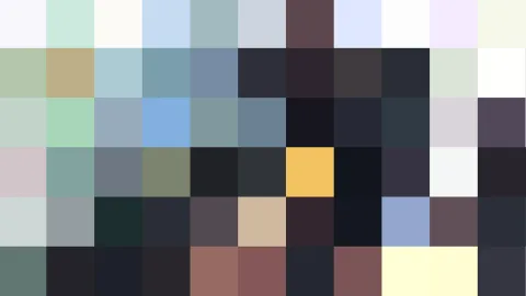 Ein Raster aus quadratischen Farbfeldern in Pastelltönen, Blau, Grau, Grün und Dunkelbraun, dazwischen ein einzelnes gelbes Feld.