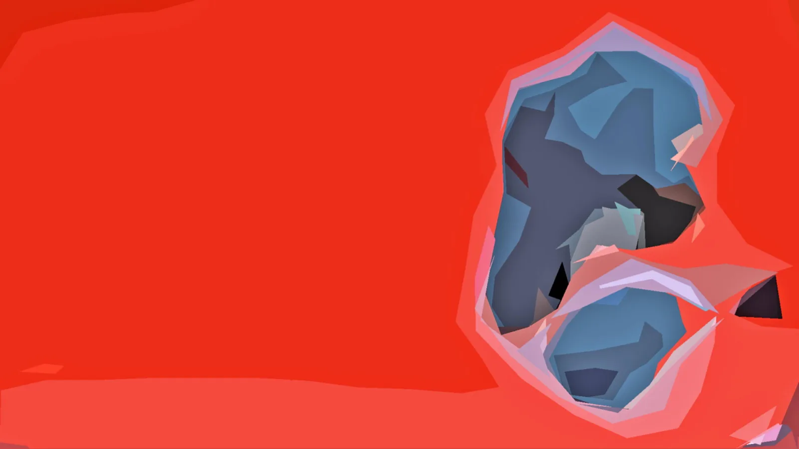 Abstrakte, facettierte Komposition in Blau- und Grautönen auf leuchtend rotem Grund, rechts im Bild gruppiert, links eine große rote Fläche.