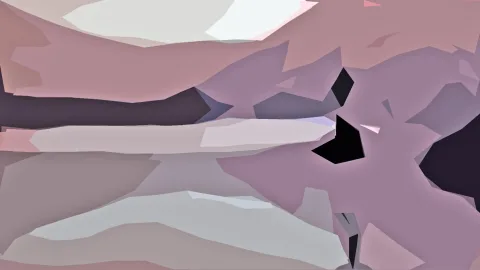 Abstraktes Bild aus scharfkantigen, flachen Flächen in Rosa, Mauve, Grau und Weiß, durchsetzt von einigen schwarzen Dreiecken.