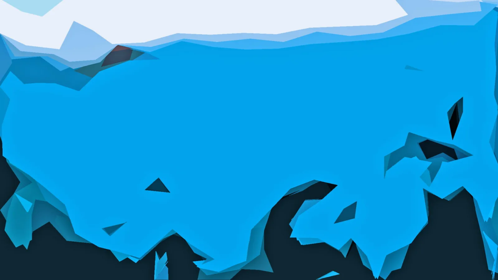 Abstrakte Komposition aus blauen, kantigen Flächen mit weißem Himmel oben links und dunklen Formen am unteren Rand.