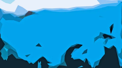 Abstrakte Komposition aus blauen, kantigen Flächen mit weißem Himmel oben links und dunklen Formen am unteren Rand.