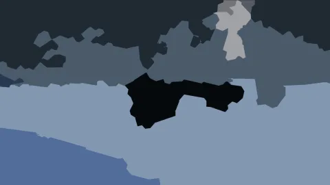 Abstrakte Komposition aus flachen grauen, blauen und schwarzen Flächen mit einer dunklen Form in der Bildmitte.