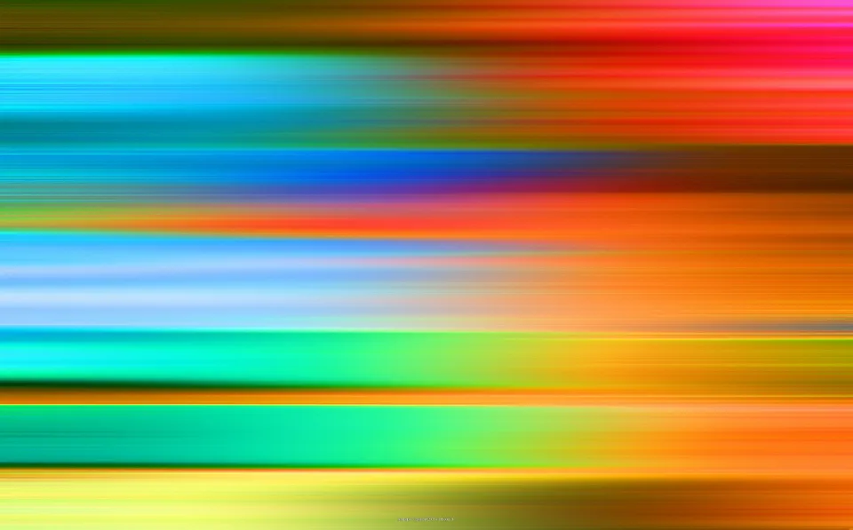 Abstrakte Komposition aus horizontal verlaufenden, verwischten Streifen in Türkis, Blau, Rot, Orange, Grün und Gelb.