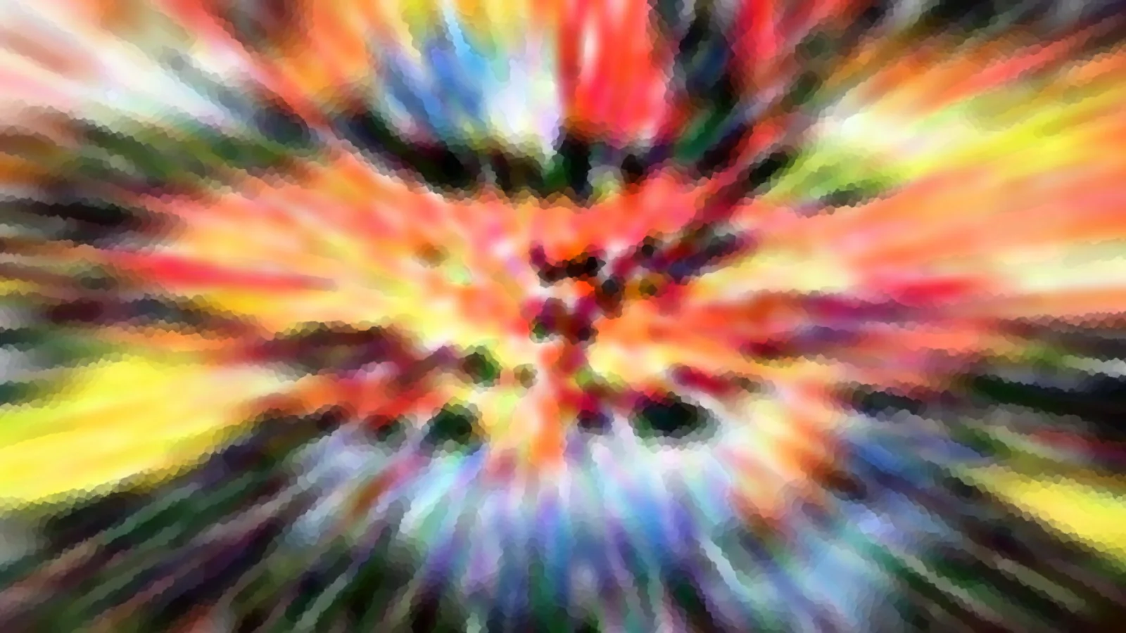 Abstrakte Komposition aus Rot, Orange, Gelb, Blau und Grün, die von einem dunklen Zentrum radial nach außen strahlt, mit verwischten Schlieren und grobem Pixelraster.