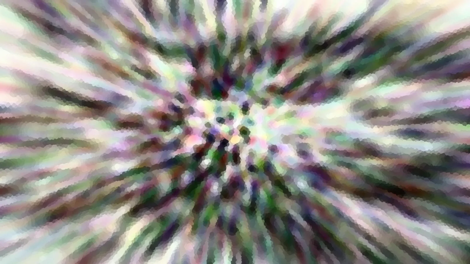 Abstraktes Bild mit radialen Schlieren in Violett, Grün und Weiß, die von einem dunklen Zentrum nach außen laufen, mosaikartig gepixelt.