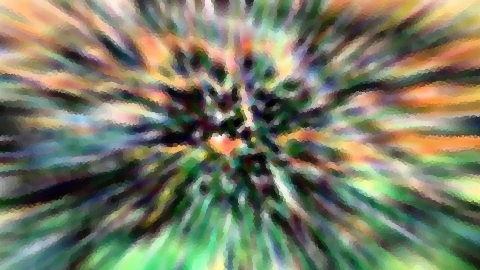 Abstraktes Bild mit radialem Bewegungsunschärfe-Effekt: Farbstreifen in Grün, Orange, Violett und Schwarz laufen von einem dunklen Zentrum nach außen.