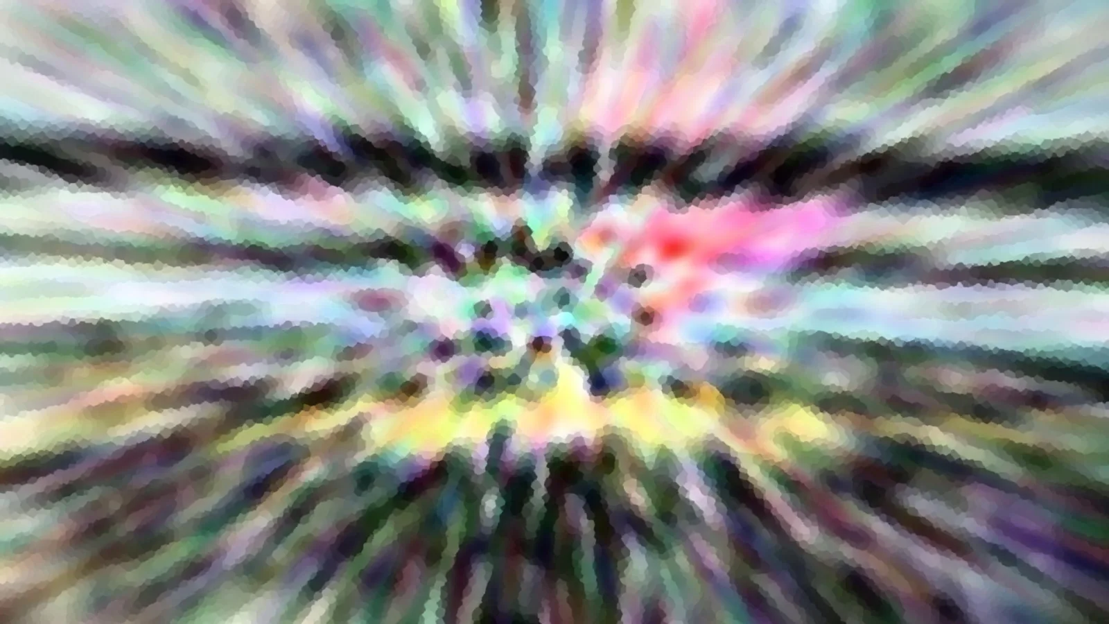Abstraktes Bild mit radialen Farbstrahlen, die von einem Zentrum in der Mitte nach außen laufen, in Rosa, Gelb, Grün und Violett, mit mosaikartiger Pixelstruktur.