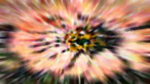 Abstrakte Komposition mit radialer Bewegungsunschärfe in Rosa, Orange und Gelb, im Zentrum dunkle Flecken und Grün, mosaikartig pixeliert.