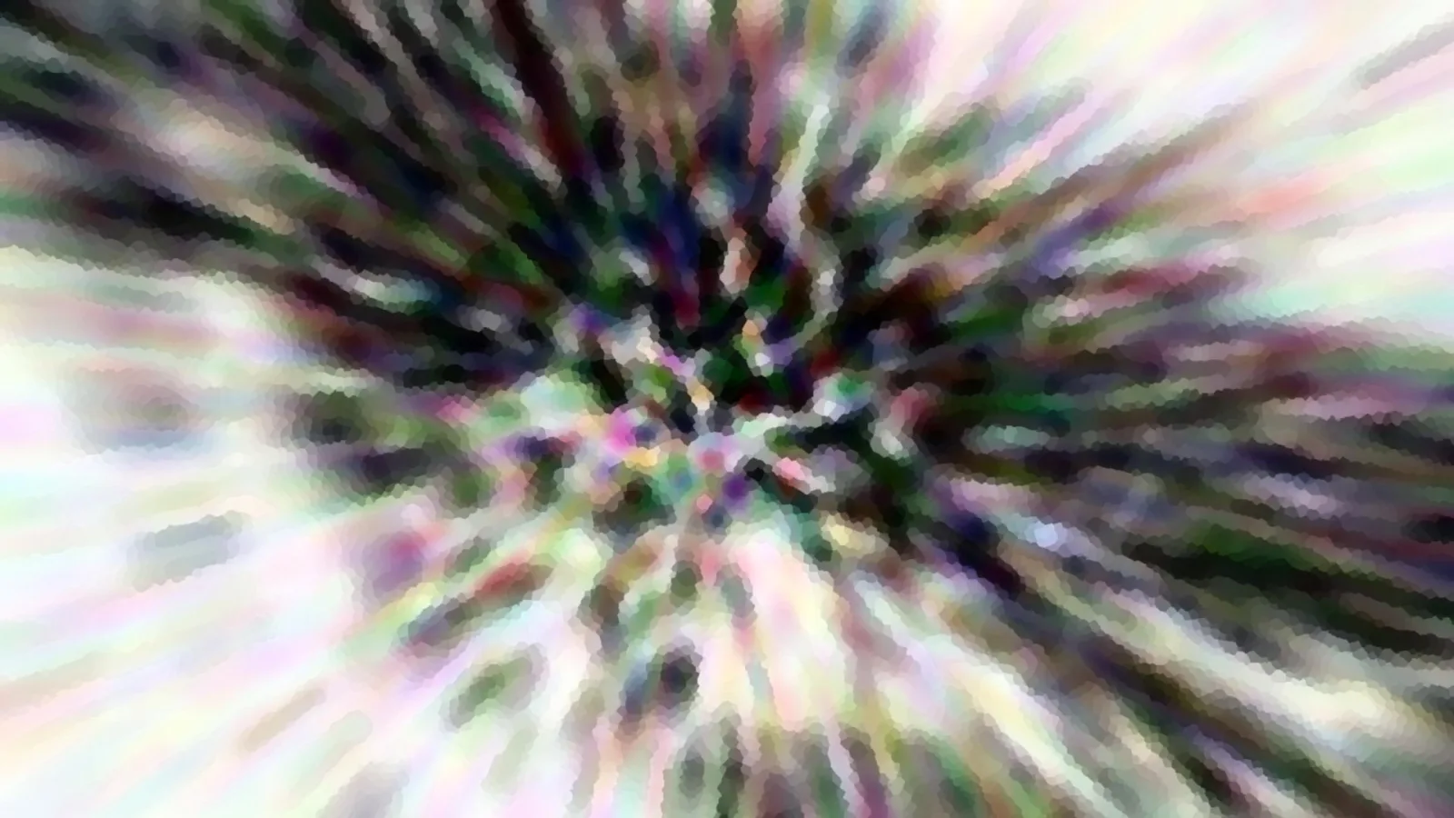 Abstrakte Komposition aus bunten, radial nach außen laufenden Schlieren in Grün, Violett und Weiß, grob verpixelt.