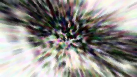 Abstrakte Komposition aus bunten, radial nach außen laufenden Schlieren in Grün, Violett und Weiß, grob verpixelt.