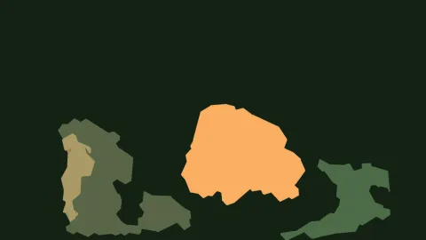 Abstrakte Komposition auf dunkelgrünem Grund: eine große orangefarbene Form in der Bildmitte, darunter und links gedeckte grüne und beige Flächen.