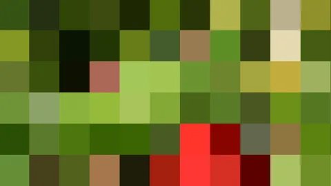Quadratisches Pixelmosaik aus Grün-, Braun- und Rottönen mit einzelnen hellen Feldern