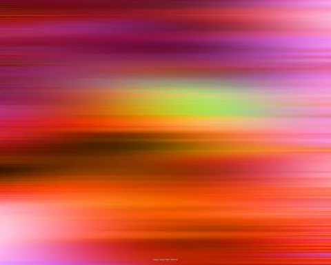 Abstrakte Komposition aus horizontalen, verwischten Streifen in Rot, Orange, Violett, Pink und einem hellgrünen Band in der oberen Bildmitte.